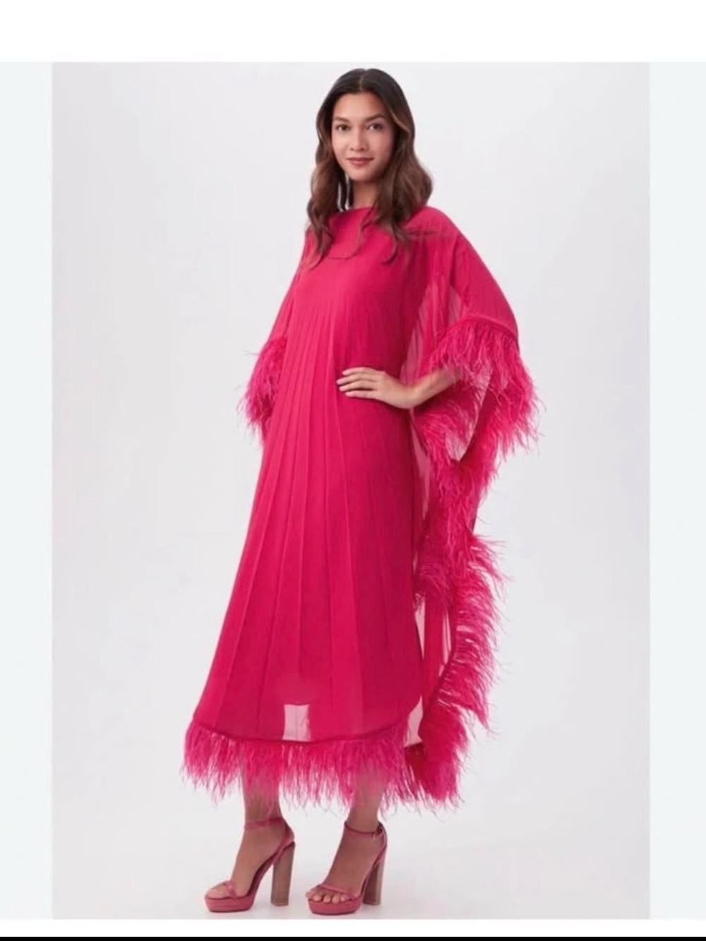 Trina Turk Hot Pink Feather-Trim Maxi Caftan Dress